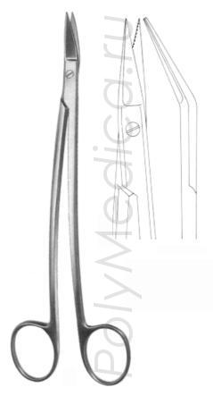 Ножницы вертикально-изогнутые остроконечные с изогнутыми ручками оториноларингологические (с одним зубчатым лезвием) по Дену 170 мм