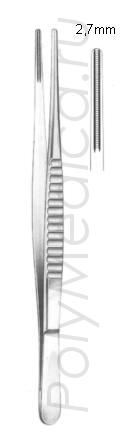 Пинцет сосудистый с атравматической насечкой по Дебеки с шириной рабочей части 2.7 мм, 160 мм